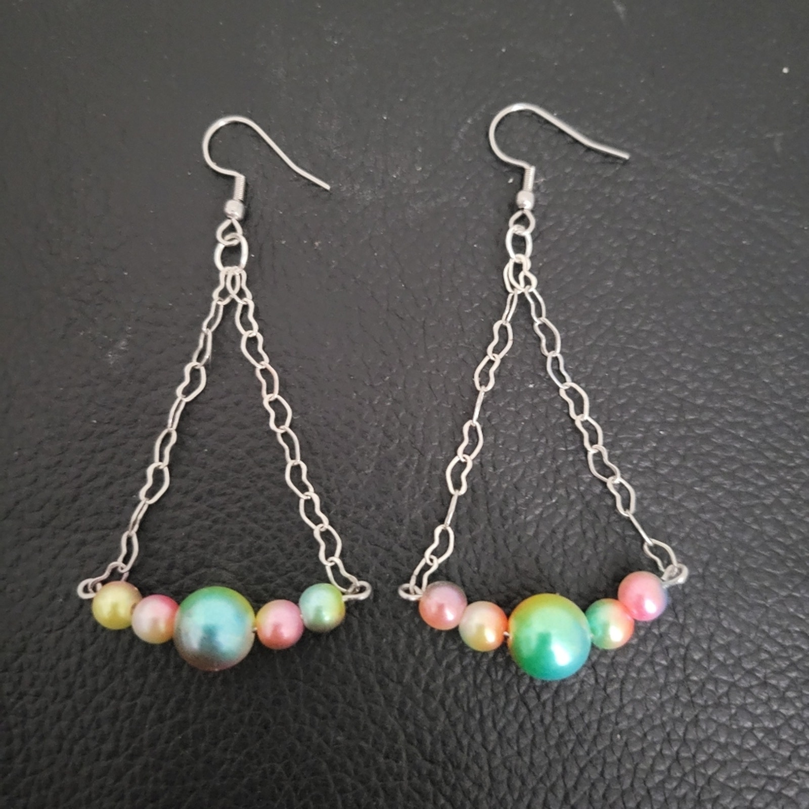Pastel Rainbow Bead & Heart-Shaped Chain Handmade Drop Earrings, Stainless Steel